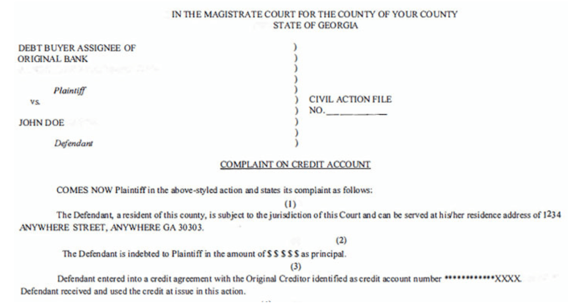 Debt Buyer Debt Collector Lawsuit Complaint Georgia