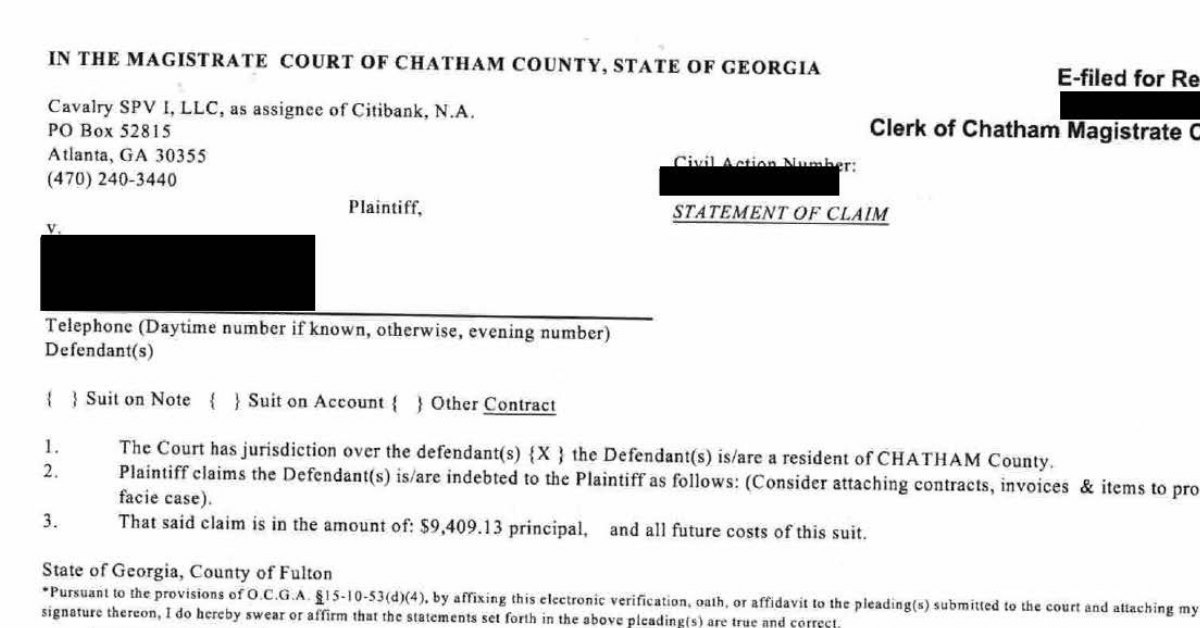 Cavalry SPV debt collection lawsuit Georgia