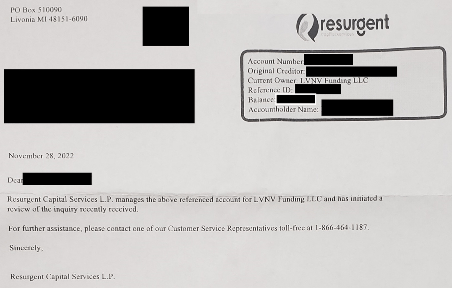 LVNV Funding Resurgent Letter